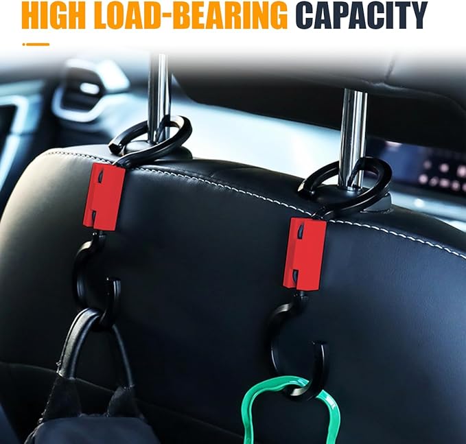 YoRise 2PCS S-Style Car Back Seat Headrest Hook, 360° Rotation Auto Seat Storage Hanger, Universal Vehicle Interior Organizer Accessories for Purse, Handbag, Coat, Umbrella, Grocery Bag (Red)