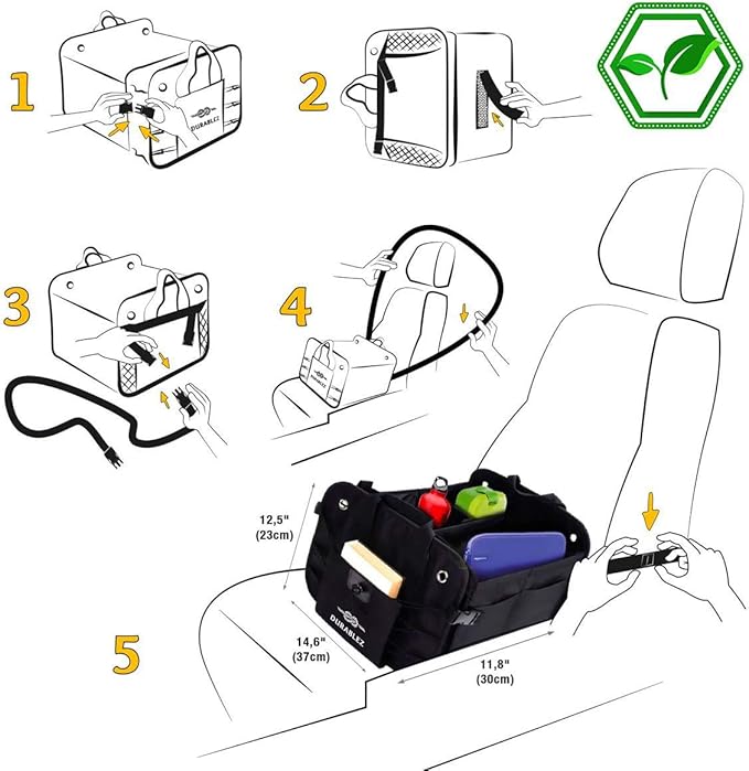 DURABLEZ 2-Section Trunk Organizer Foldable Car Storage Bin – Compact Dual-Compartment Auto Organizer with Cover Net, Non-Slip Pads, Heavy Duty Oxford 1680D – Black