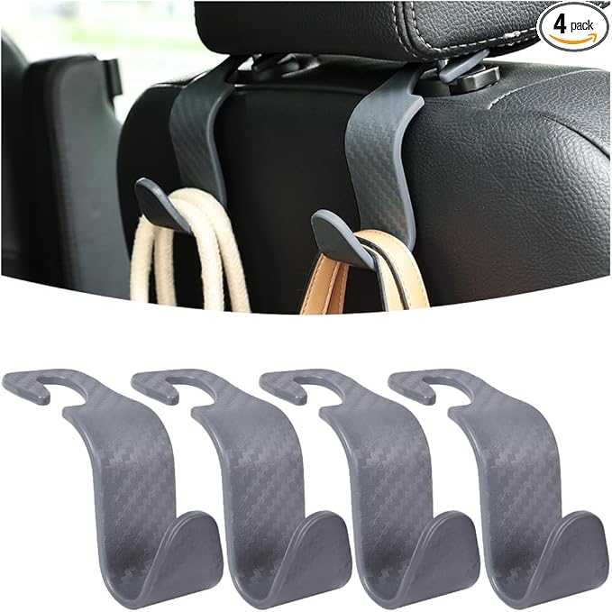Car Seat Headrest Hook, 4 Pack Auto Seat Hanger Storage Organizer for Purse Handbag Coats Grocery Bags, Car Interior Accessories, Universal Vehicle Backseat Plastic Hanging Hook (Gray)