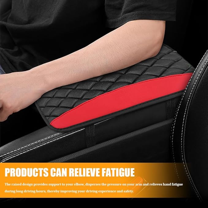 Car Center Console Cover, Leather Waterproof Armrest Seat Box Cushion Pad, Universal Decor Protector Mat, Comfortable Car Decor Accessories Fit for Most Cars, Vehicles, SUVs (Red)