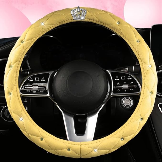 Bling Crown Crystal Car Steering Wheel Cover 15Inch Leather Steering Covers Cute Steering Wheel Protector (Yellow)