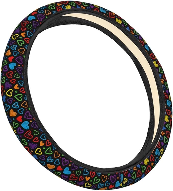 FeHuew Doodle Rainbow Hearts Steering Wheel Cover for Women, Girls 15 inch Universal Auto Car Anti Slip Wrap Steering Wheel Covers Fit for Vehicles, Truck, SUV