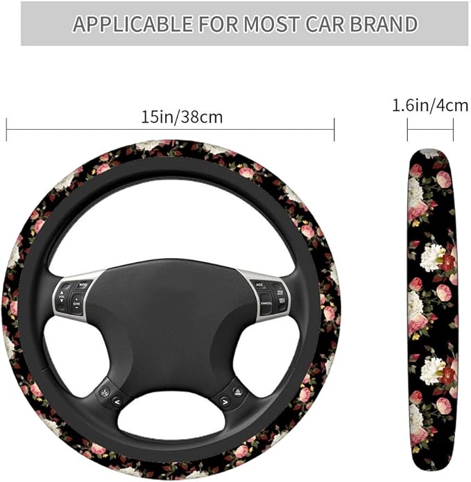 Swono Beautiful Roses Non-Slip Steering Wheel Cover Vintage Floral with Red and White Roses Neoprene Car Steering Wheel Covers Grip Automotive Steering Wheel Protector Auto Car Wrap Cover 15 Inch