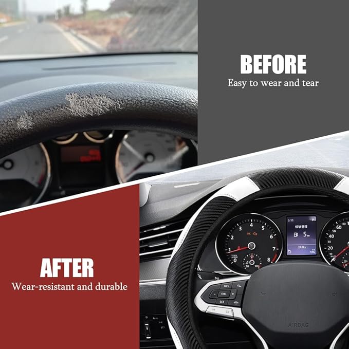 Car Steering Wheel Cover, Steering Wheel Protector, Universal 14.5-15 Inch Microfiber Leather Breathable Auto Steering Wheel Covers, Carbon Fiber Steering Wheel Cover for Women Men (White)