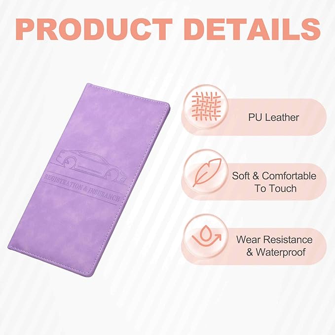 HARFINGTON Car Registration and Insurance Holder 9.65" x 4.92" PU Leather Vehicle Glove Box Organizer Storage Accessories Men Women Car ID Holder for License ID Card Bank Card, Purple