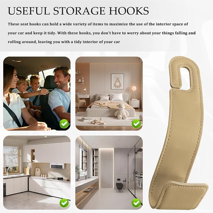 2PCS Purse Holder for Car, Purse Hook for Car, Leather Headrest Hooks for Automotive Back Seat, Auto Accessories Back Seat Organizer Hook for Grocery Bag Handbag Coat (Beige, 2PCS)