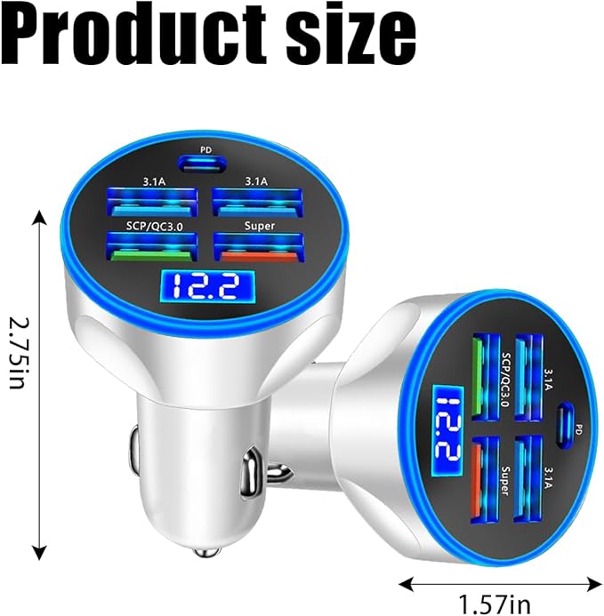 5 Port USB Car Charger, 250W Super Fast Charging Cigarette Lighter Adapter with LED Voltage Monitor, 4USB+Type C Multi Port Car Accessories Interior Compatible with Most Smart Phone (White)