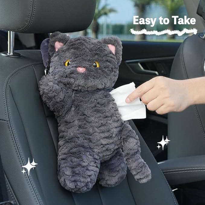 Cute Cat Car Tissue Holder Plush Kitten Paper Box for Backseat Adorable Hanging Organizer & Decor for Women Pet Lovers & Gifts (White)