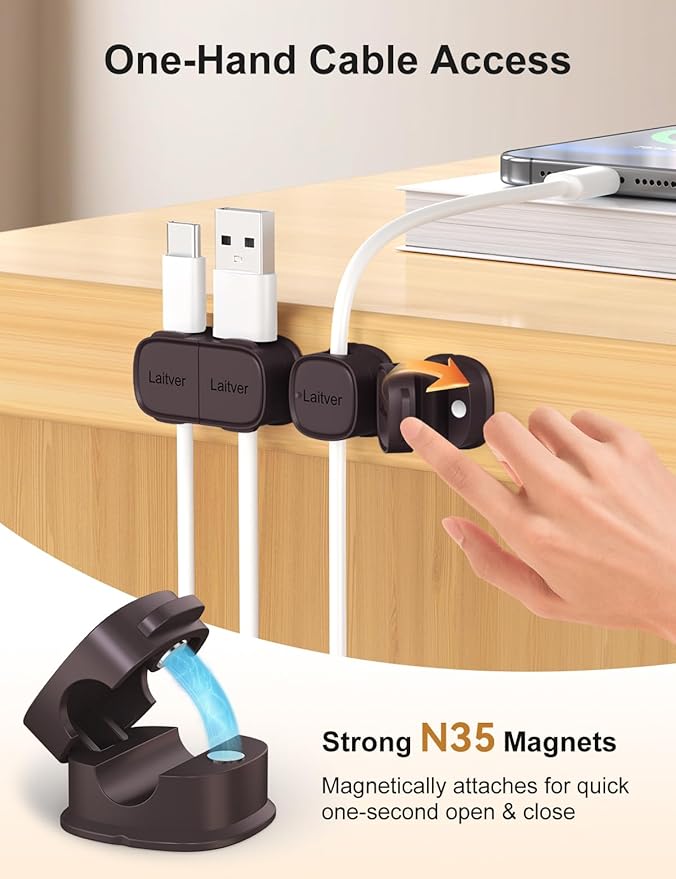 6 Pack Magnetic Cable Clips [1s Open/Lock], Laitver Cord Organizer Holder Strong Adhesive Desk Cable Management- Organize Charging Cords Neatly for Home, Office, Car,Desk, Nightstand-Bronze