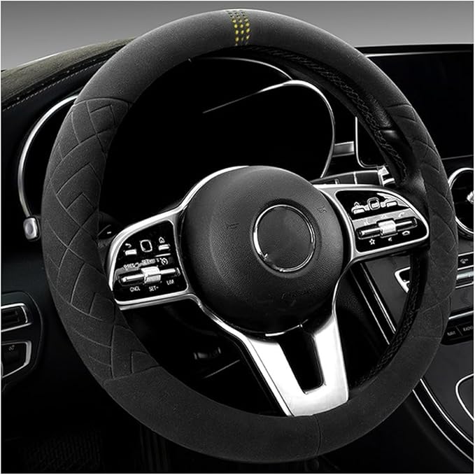 Car Suede Steering Wheel Cover, Non-Slip Protector for Auto Steering Wheel with Grid of The Correction Marker, Breathable Universal Automotive Accessories, Fitting 14.5-15 inch