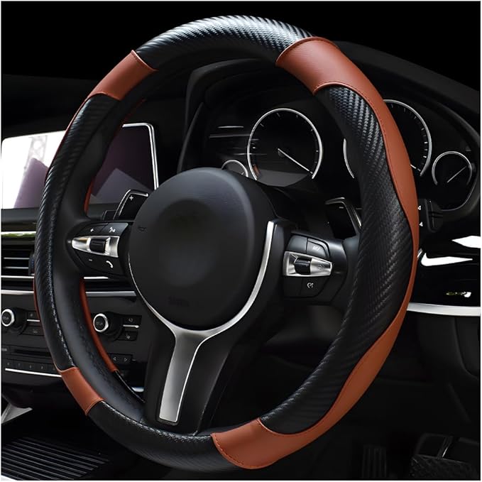 Car Steering Wheel Cover, 15 Inch Carbon Fiber Leather Stitching Color Steering Wheel Protector, Anti-Slip Elastic Breathable Steering Wheel Cover Stylish Decor for Most Cars (Black & Coffee)
