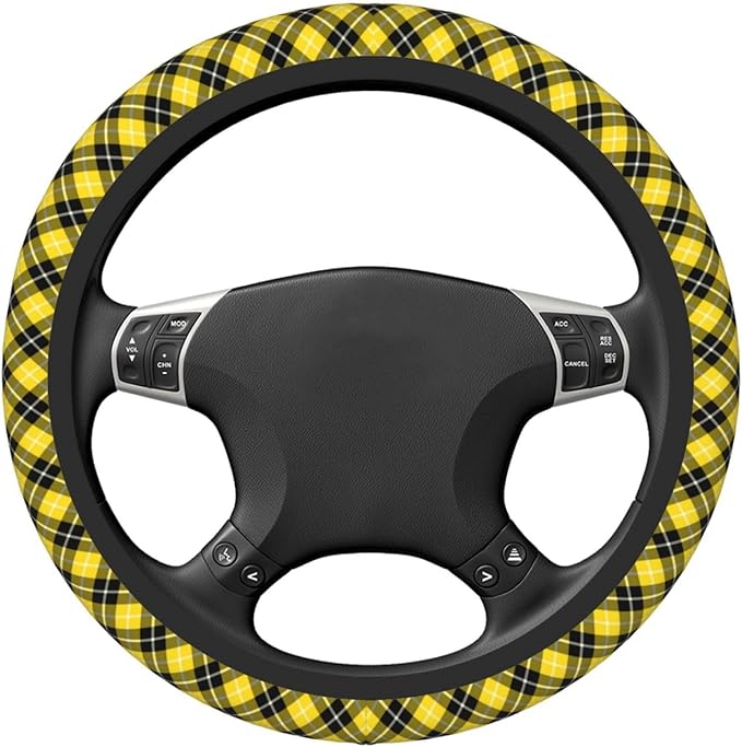 Thickened Elastic Steering Wheel Cover, Barclay Clan Tartan Yellow and Black Plaid Ultra, Soft, Breathable, Fit for Cars, SUVs, Trucks, Stylish Comfortable Grip