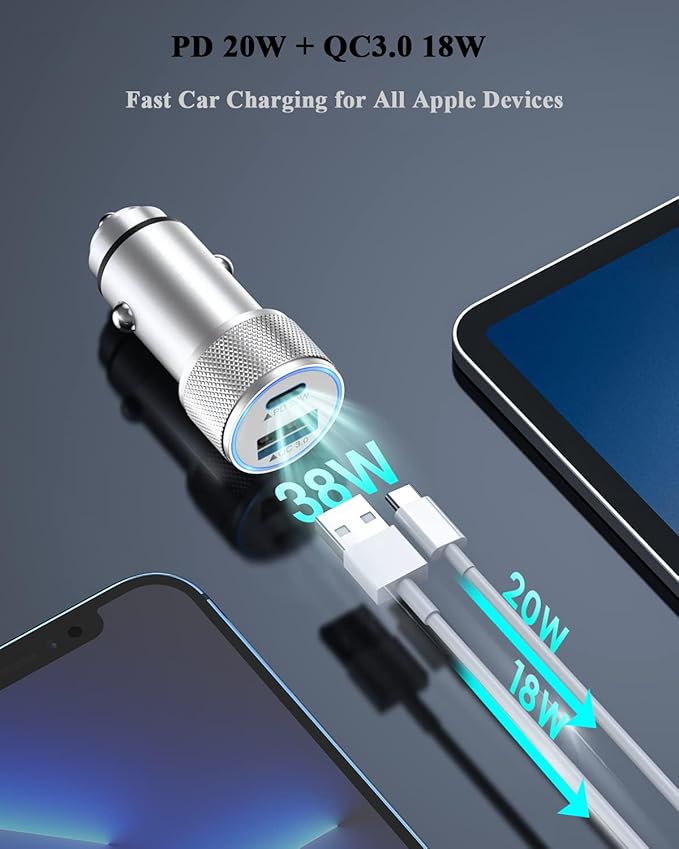 Fast iPhone Car Charger,【2Pack】38W Dual Port PD&QC3.0 Fast Charger Car [Apple MFi Certified] Cigarette Lighter Car Power Adapter with 2pack Lightning Cable for iPhone 14/13/Pro/Max/12/11/X/8 (Silver)