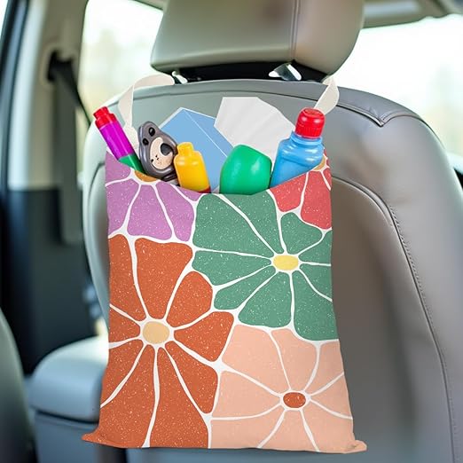 Pykfrhh Retro Flower Car Trash Can, Car Trash Bag Hanging, Waterproof Cars Back Seat Hanging Organizer and Storage Trash Bags for Vehicle Travelling Camping