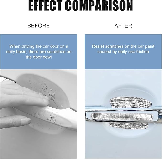 10PCS Bling Car Door Handle Protector, Crystal Rhinestone Car Door Handle Scratch Protector, Anti-Scratch Door Bowl Paint Guard Protective Film, for Auto, Van, Truck (Silver)