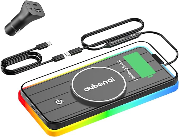 Magnetic Wireless Car Charger Pad, Aubenai 15W RGB Fast Wireless Charging Pad Non Slip Charging Mat with 70cm Extension Cable Compatible with Magsafe Charger iPhone 16 15 14 13 12 (Extension USB-C)
