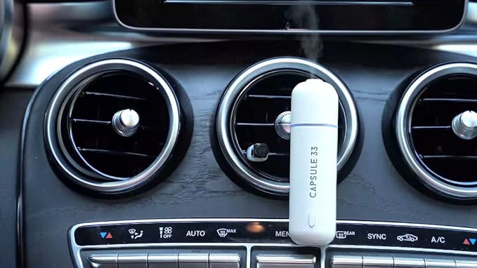 Capsule 33 Car Perfume Starter Pack, Car Air Freshener, Ultrasonic Aroma Diffuser, 6 Fragrances (White Crystal, Red Diamond, East Gold, Ocean Blue, Sweet Cherry, Light Pink) (White)