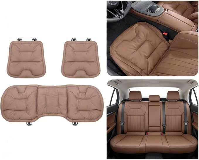 Bzxpk Skin-Friendly & Dirt-Repellent Leather Car Seat Cushion, Non-Slip PU Leather Seat Cover for Car, Office Chair & Travel, Breathable Comfort Cushion (Khaki, Three-Piece Set)
