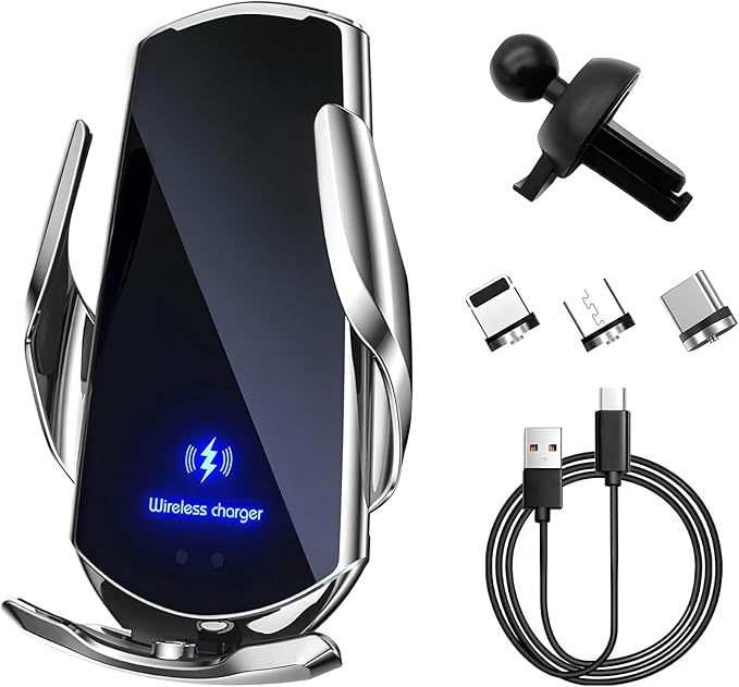Sun Walker Wireless Car Charger Mount, Electric Induction 15W Fast Charging Bracket Air Vent Phone Holder, Auto-Clamping Wireless Charger Vent Mount Compatible with Most Smartphones (Silver)