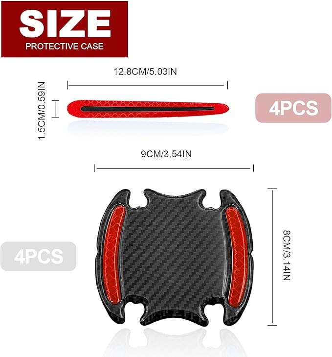8PCS Universal Car Door Handle Protector Sticker - 3D Carbon Fiber Anti-Scratch Cover, Self-Adhesive & Non-Marking Reflective Safety Strips, Paint Protection Film(Red)
