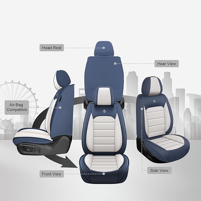 JOJ Car Seat Cover for Ford Excursion Seat Covers for Cars 2000-2005,Leather Waterproof Car Seat Covers Full Set,All Weather Tech Car Seat Protector,8 Seats Cream Blue