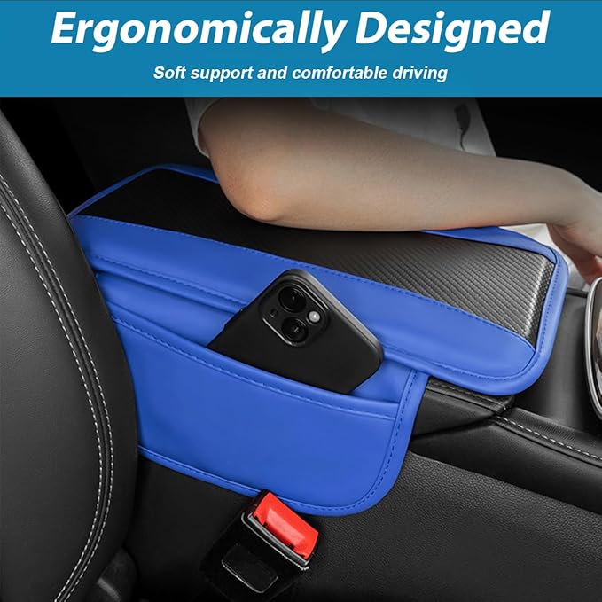 Mandark Car Center Console Cover with 2 Storage Bags, Auto Interior Arm Rest Storage Box Pad Accessories, Carbon Fiber Leather Vehicle Armrest Cushion, Universal for SUV, Truck, RV (Blue)