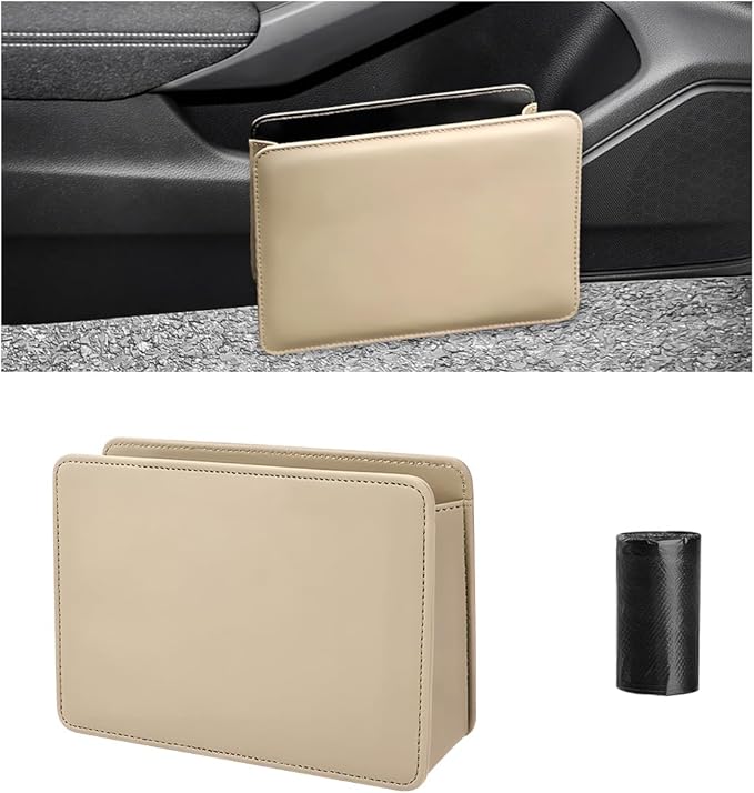 Car Trash Can, Leather Mini Dustbin Auto Storage Container with One Roll Trash Bag, Waterproof Foldable Garbage Organizer Interior Hanging Bag for Most Vehicles, Car Accessories (Beige)