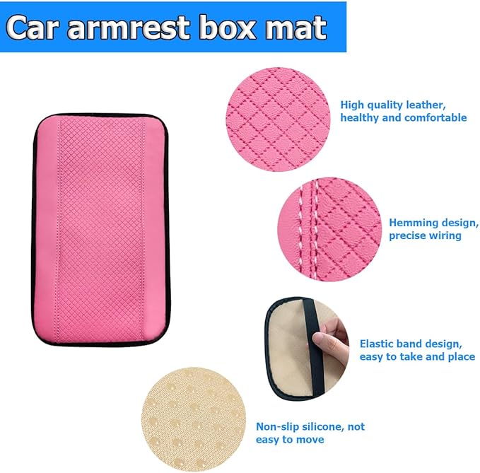 Armrest Pad for Car, PU Leather Auto Center Console Cushion Mat, Four Seasons Automotive Armrest Seat Box Cover, Universal Vehicle Interior Accessories for SUV, Truck, Van (Pink)