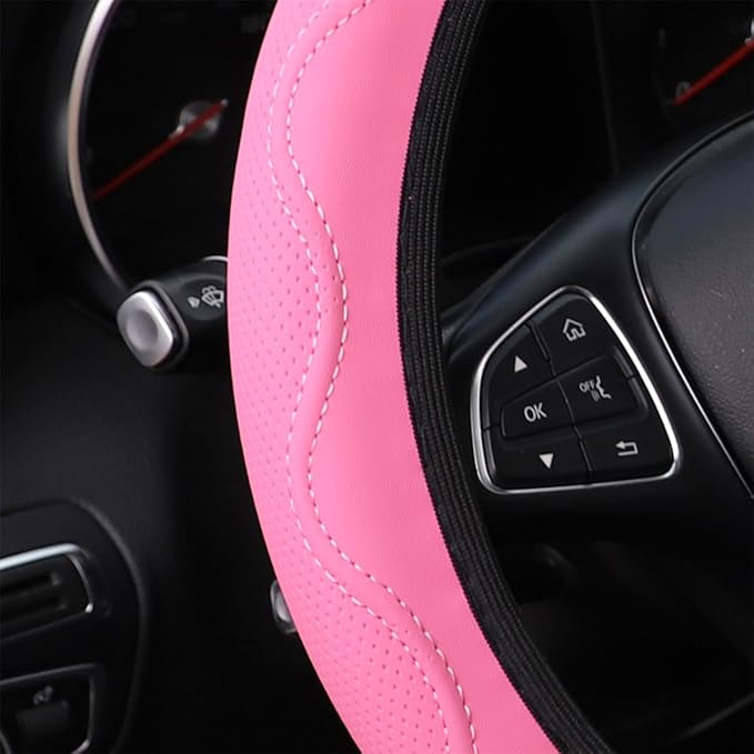zipelo Elastic Stretch Steering Wheel Cover, Microfiber Breathable Ice Silk, Universal 15 Inch Anti-Slip Car Steering Wheel Protector, Warm in Winter and Cool in Summer for Women (Style2-Pink)