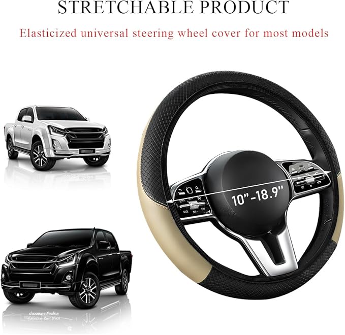 Elastic Car Steering Wheel Cover in Microfiber Leather Carbon Fiber, with Anti-Slip Lining, Interior Accessory (Beige, AD)