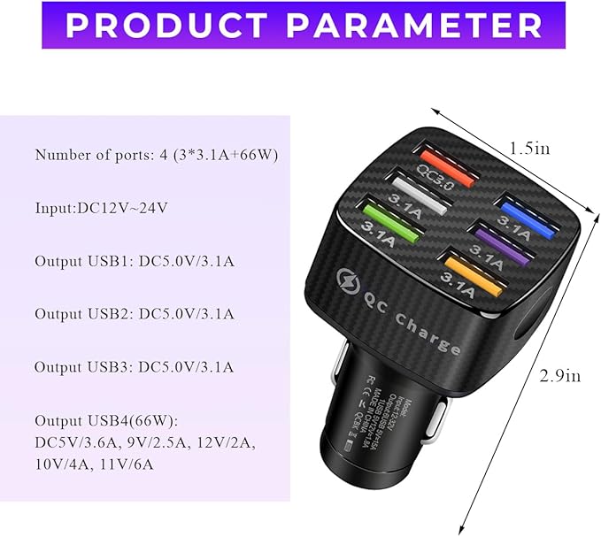 Car Charger Adapter, 6 USB Multi Port Fast Charging Cigarette Lighter Charger Adapter, Car Fast Charger Include QC 3.0 and 5 Other Ports for Most Cell Phones, Car Accessories (Black)