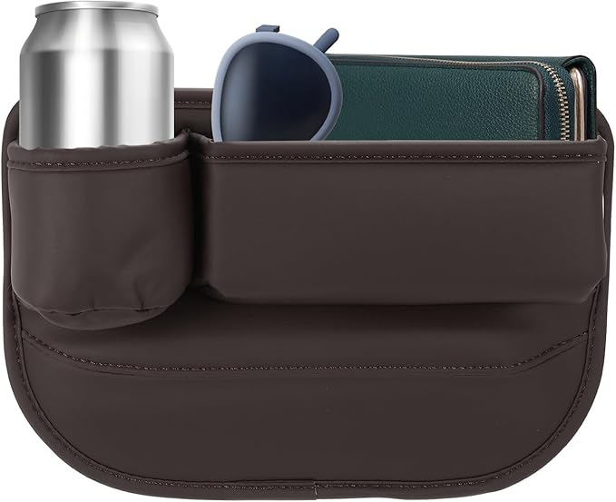 HARFINGTON Car Seat Gap Filler Organizer 11.8 x 8.3 x 2.2 Inch PU Universal Car Organizer Storage Box Between Seat and Console (Left) with Cup Holders for Phone Sunglasses Keys, Brown