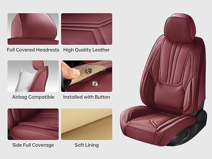 SCDOOCA Car Seat Covers Full Set Burgundy, Luxury Leather Car Seat Covers, Waterproof and Breathable Seat Covers, Universal Car Seat Protector Fit for Cars, Trucks, SUVs, Pick-ups (Wine Red, FullSet)