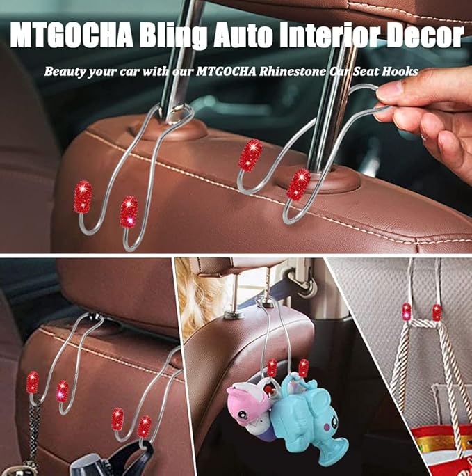 MTGOCHA Car Headrest Hooks Car Purse Hook(2 Pack),Bling Car Bag Hooks, Car Hook for Purses and Bags Cute Metal Car Purse Holder Hook, Bling Car Accessories for Women, Red