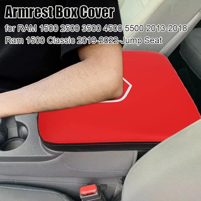 XITER 1PC Center Console Armrest Cover Leather Armrest Cover Cushion for Dodge 2013-2018 Ram 1500 2500 3500 4500 5500 2019-2024 Ram 1500 Classic(Fit for Jump Seat)-Red+Black