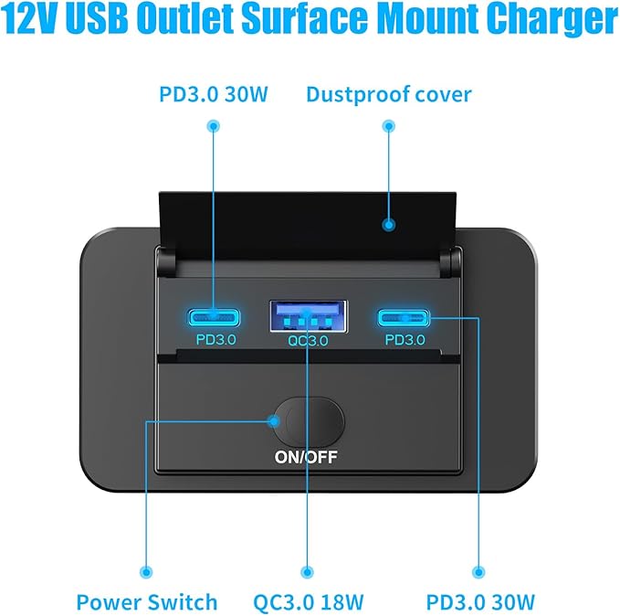 78W 12V USB Outlet Surface Mount Lightweight Dual USB C 30W and QC 3.0 18W Car USB Port, Waterproof 12V Power Outlet Cigarette Lighter Replacement DIY Kit