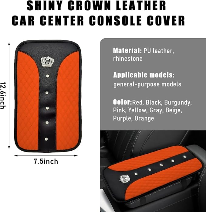 Bling Crown Car Center Console Mats, Anti-Slip and Waterproof Crystal Car Armrest Pad Protector, Universal Rustproof Armrest Decor Cushion for Cars & SUVs, Car Accessories (Orange)