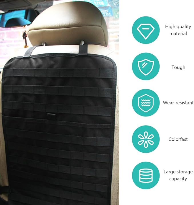 Car Seat Back Organizer, Tactical MOLLE Sag Proof Vehicle Panel Backseat Cover Protector, Universal Molle Nylon Storage Bag Seat Back Hanger Pad for Car Truck SUV Pickup (Black)