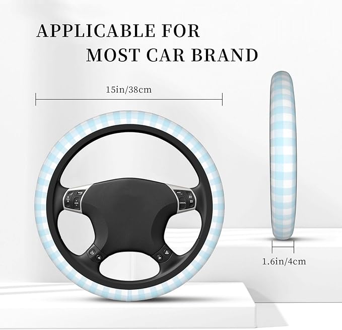 Thickened Elastic Steering Wheel Cover, Baby Boy Pastel Blue Gingham Plaid Ultra, Soft, Breathable, Fit for Cars, SUVs, Trucks, Stylish Comfortable Grip
