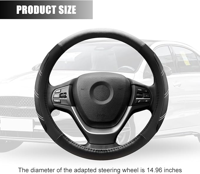 Car Steering Wheel Cover, 15 Inch Carbon Fiber Leather Non-Slip Steering Wheel Protector with Lining, Breathable Automotive Interior Accessories, Universal for SUV RV Truck (Black)