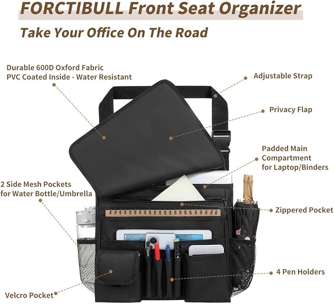 FORCTIBULL Car Front Seat Organizer for Paperwork File Laptop Mobile Office, Multi Compartment Storage Bag with Cup holder and Adjustable Strap for Car Work Truck Van