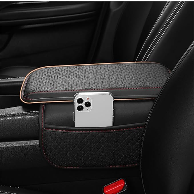 Cxtiy Upgraded Car Center Console Cover,Microfiber Leather Car Armrest Cover Cushion with 2 Storage Bags,Universal Car Armrest Storage Box Car Interior Accessories for Most Vehicles (Black-red)