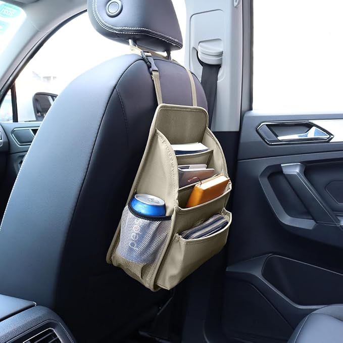 Viaviat Front Seat Organizer Car Upholstery Leather Passenger Seat Storage Bag Large Durable Car Organizer with Adjustable Strap Multiple Compartments Mesh Bags Cup Holders (beige)