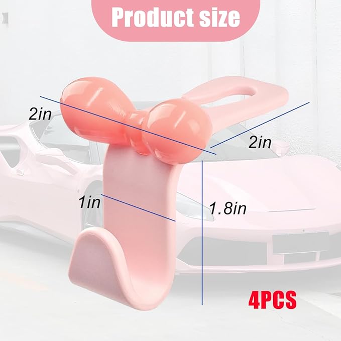 BELOMI 4PCS Car Seat Headrest Hooks, Cute Bow Vehicle Back Seat Hanger for Purses Bag, Auto Interior Backseat Storage Hanging Organizer Accessories, Universal for SUV Sedan Truck (Pink)