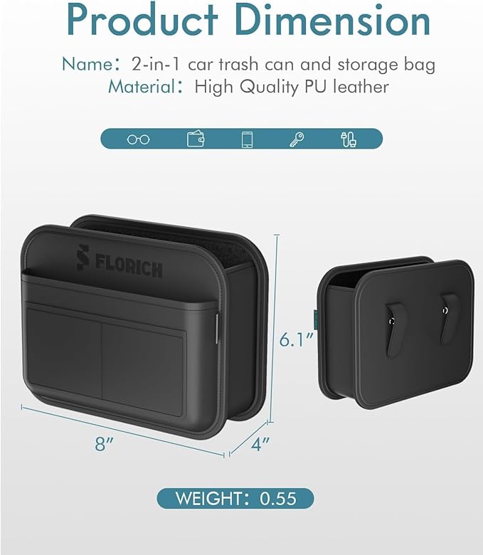 FLORICH Upgrade Car Door Organizer, Small Leather Foldable Hanging Organizer and Trash Can 2-in-1, Multi-Function Mini Storage Box Garbage Can for Car Back Seats and Side Door-1Pack
