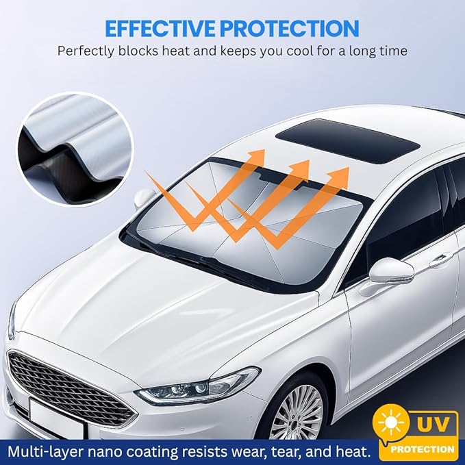 Andalus Brands Windshield Sun Shade for Cars, SUVs & Trucks – Foldable Umbrella Sun Visor for Car, Heat & UV Protector with Storage Pouch (Medium (56x31 inch))