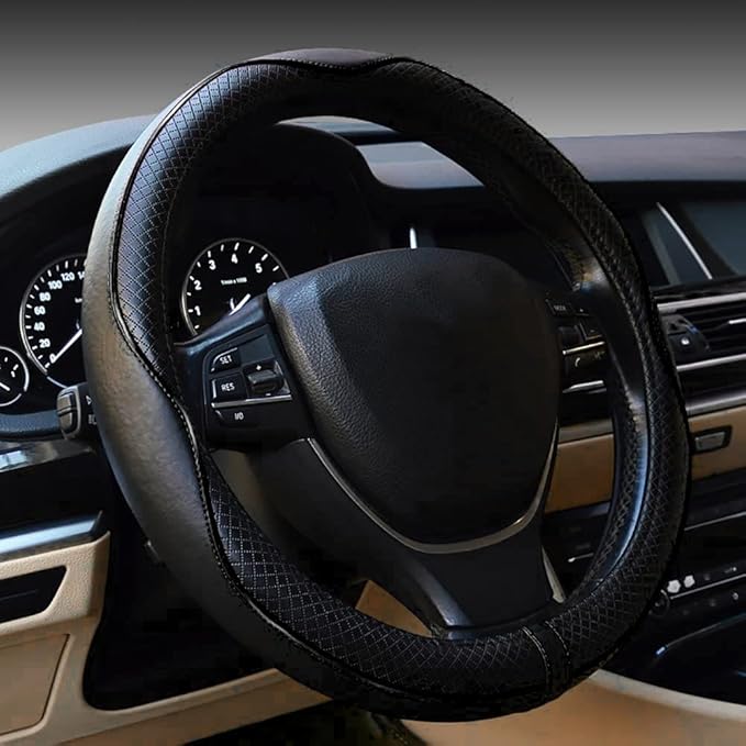 Microfiber Leather Car Medium Steering Wheel Cover,Universal Car Wheel Cover,Breathable Wheel Cover,Anti-Slip Full Surround,Sports Style Steering Wheel Covers (Black)