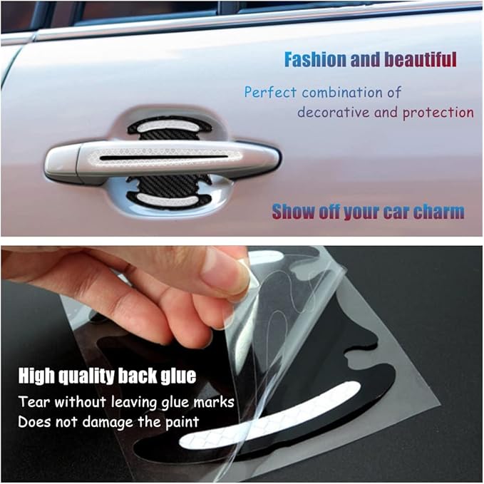 8pcs Universal 3D Carbon Fiber Texture car Door Handle Door Bowl Paint Scratch Protector Protective Cover Protective Film car Outdoor Safety Decoration Reflective Strip(Diamond White)