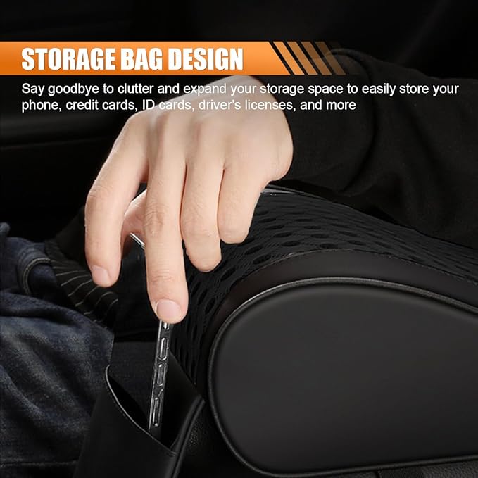 Car Armrest Cushion, Memory Foam Auto Center Console Armrest Pillow Pad with Storage Bag, Breathable Leather Car Middle Console Protective Pad with Phone Holder Relieve Elbow Pressure (Black)