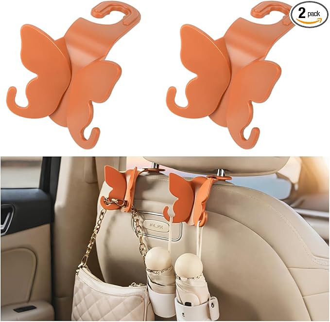 2PCS Car Seat Headrest Hook, Cute Butterfly Backseat Storage Hanger Organizer for Purse Handbag Umbrella, Auto Interior Seat Back Hook Holder Decor, Universal for SUV Truck Van (Orange)